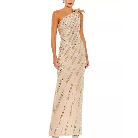 NEW MAC DUGGAL Gold Embellished One Shoulder Prom Gown Dress Size 10 - Picture 1 of 9